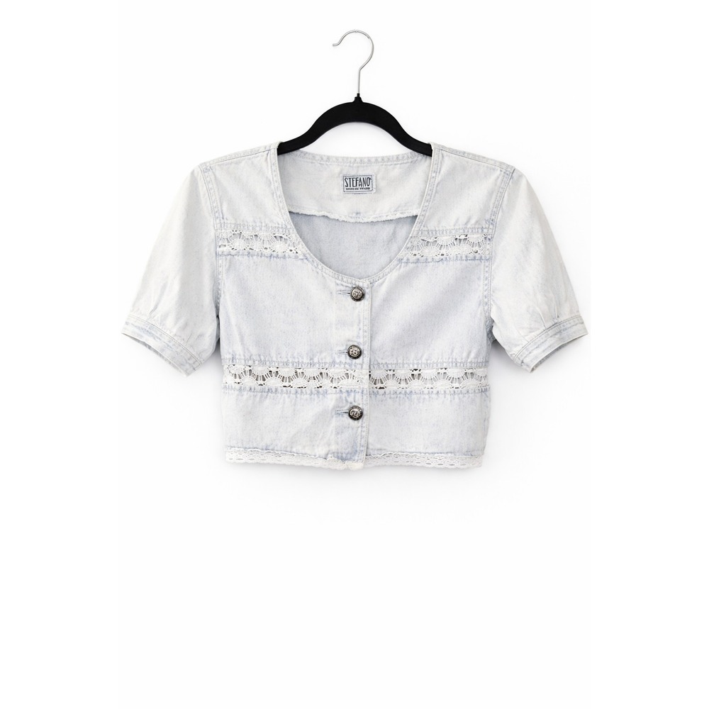 Stefano World Wide Cropped Denim Lace Trim Blouse Top Women's M Acid Wash...
